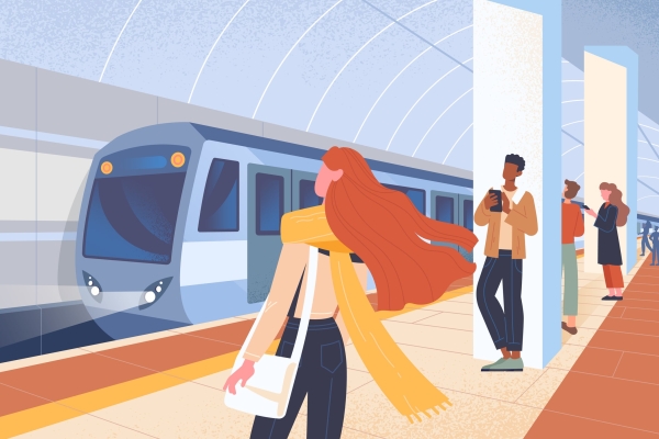 Illustration of a metro station. A blue train pull into the platform as four passengers wait. In the foreground is a woman with long brown hair and long yellow scarf