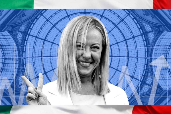 Image of Giorgia Meloni with the Italian flag behind her.