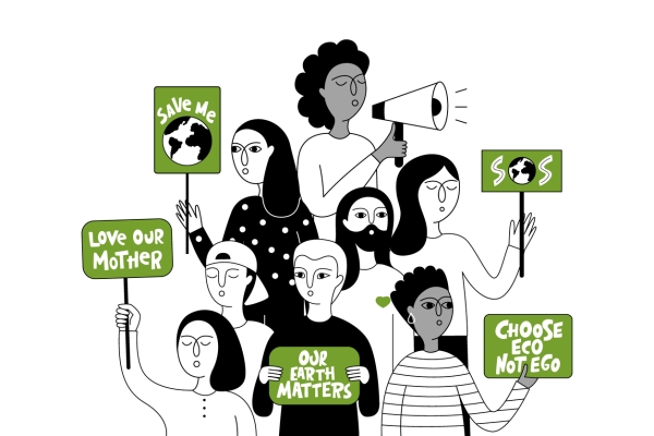 A black and white illustration of seven protestors of different genders and ethnicities holding green placards. These signs feature pictures of the earth and text: Save me; Love our mother; Our earth matters; Choose eco not ego; SOS.
