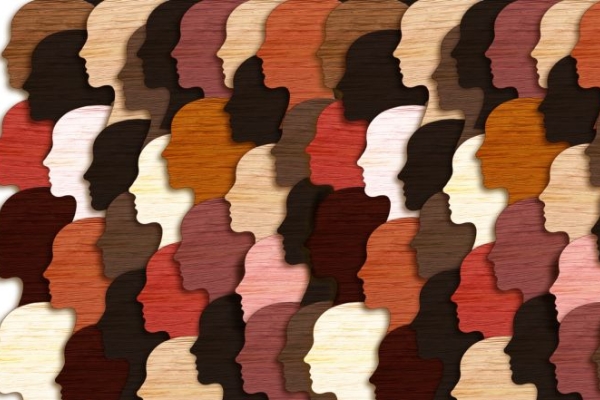 A collage which consists of the side profile of many heads, cut out and facing to the left of the screen. The heads have a wooden texture. The heads are in various shades of wood, from dark to light.