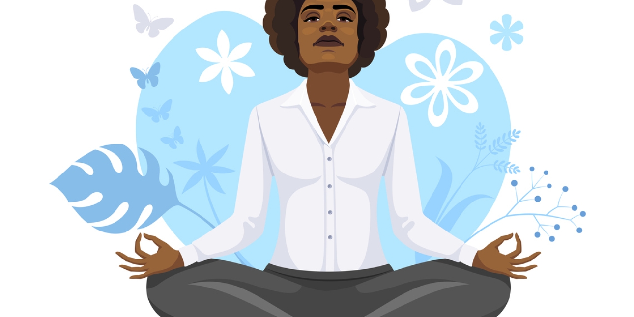 Illustration of a Black woman in a white shirt and grey leggings sat in the lotus position while looking up. Some of the background is blue with leaves, flowers and butterflies.