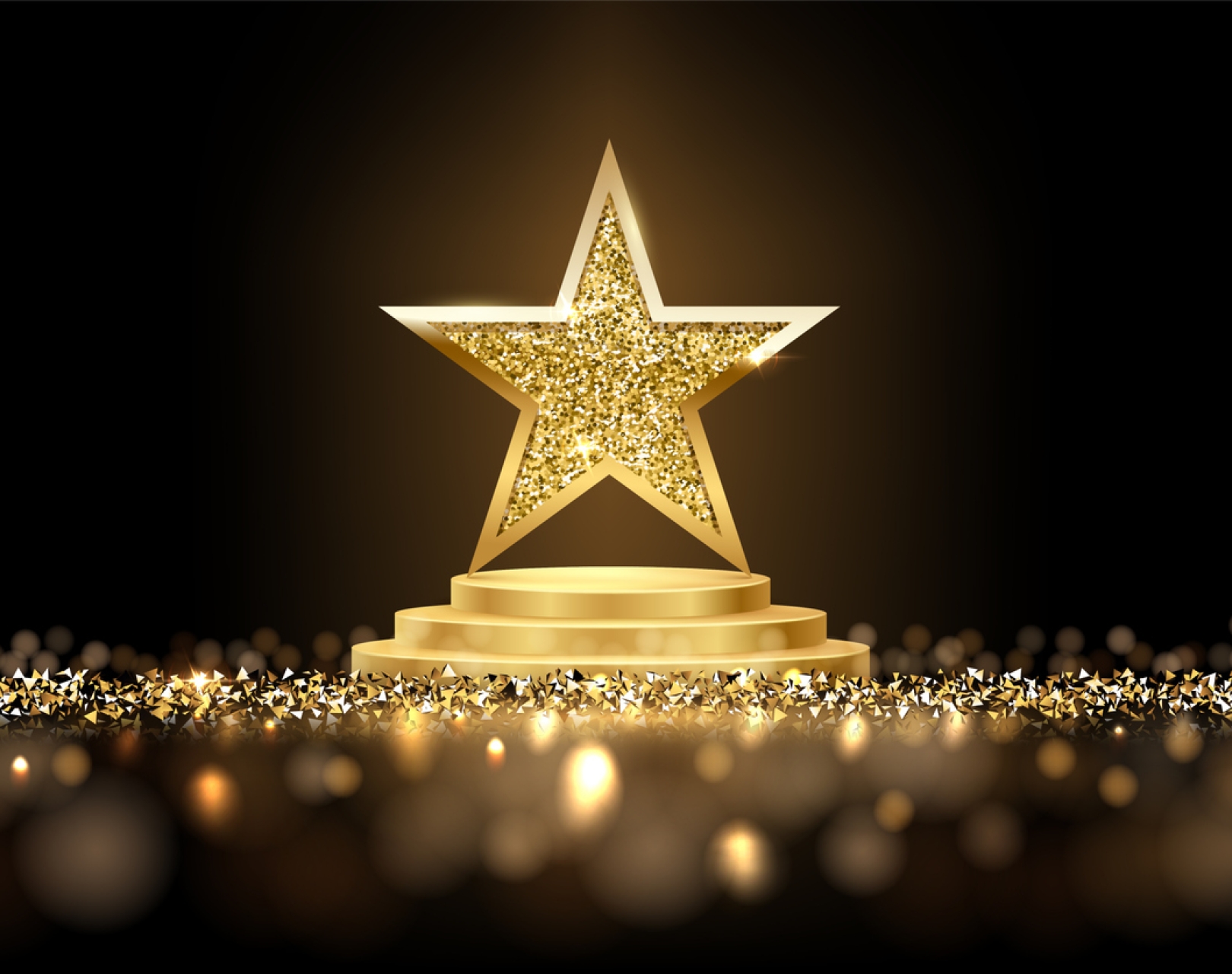 Computer generated image of a three dimensional gold star on a gold circular podium. The centre of the star dazzles. There is a carpet of gold triangle shapes around the podium