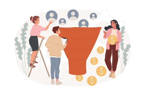 Illustration of a life-sized funnel. To its left is a woman on a ladder placing bubbles containing icons of people into the top. To her right is a man with a clipboard. A stream of dollar coins flow from the bottom of the funnel, with one being held