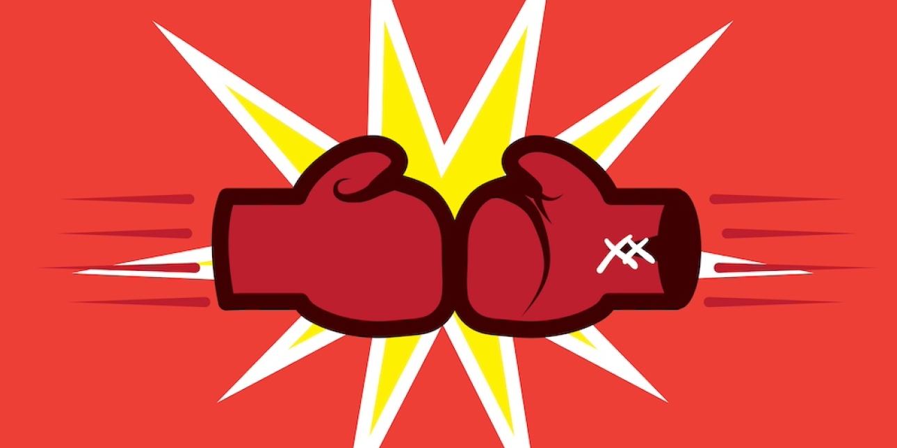 Illustration of two dark red boxing gloved pressed against each other while overlaid against a yellow spark formed of eight points. The background is light red.