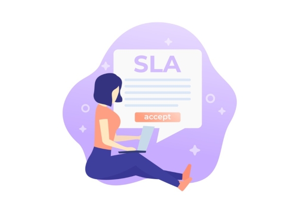 Illustration of a woman with a laptop on her lap. A large speech bubble contains the text SLA accept