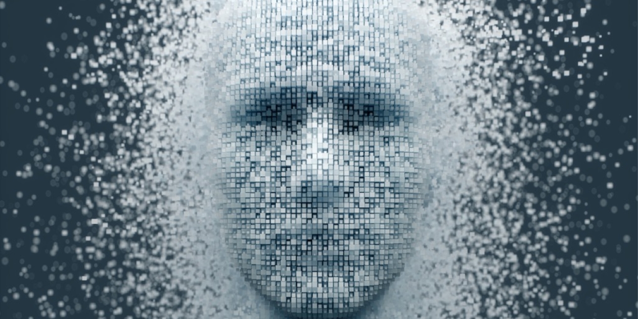A digital collage of a face on a black background, constructed of hundreds of small pixelated squares in different shades of grey and black to pick out the features
