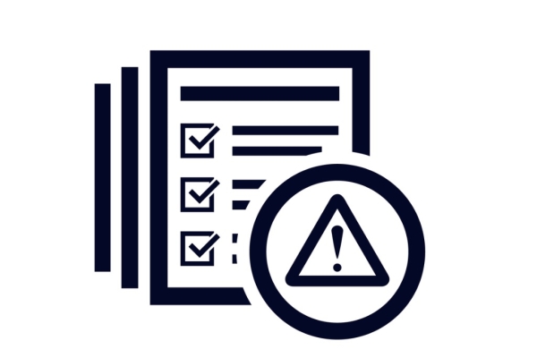 A monochrome icon featuring a paper checklist with tickboxes. This is overlaid in the right hand bottom corner by a circle. Inside this is an exclamation mark in a warning triangle