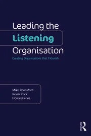 Book cover with a dark blue background and the title leading the listening organisation